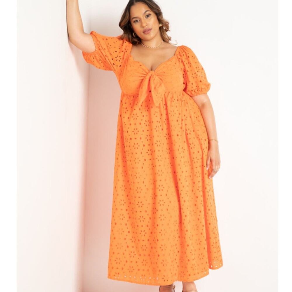 Eloquii Eyelet Tie Front Maxi Dress Sz 14 Orange